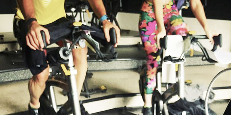 2 riders doing indoor cycling instructor course
